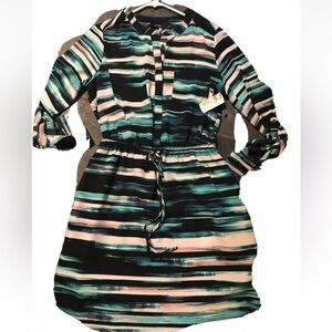 Apt 9 STRIPED Shirt DRESS new Button up cinched waist roll-tab sleeve business 6